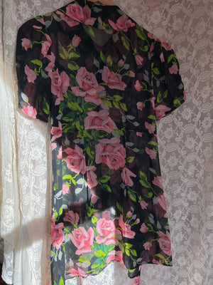 1990s Rose Print Black Pink Sheer Betsey Johnson Mini Dress Puff Sleeve