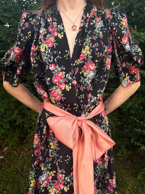1940s Black Rose Floral Wrap Dress Printed Rayon Puff Sleeve