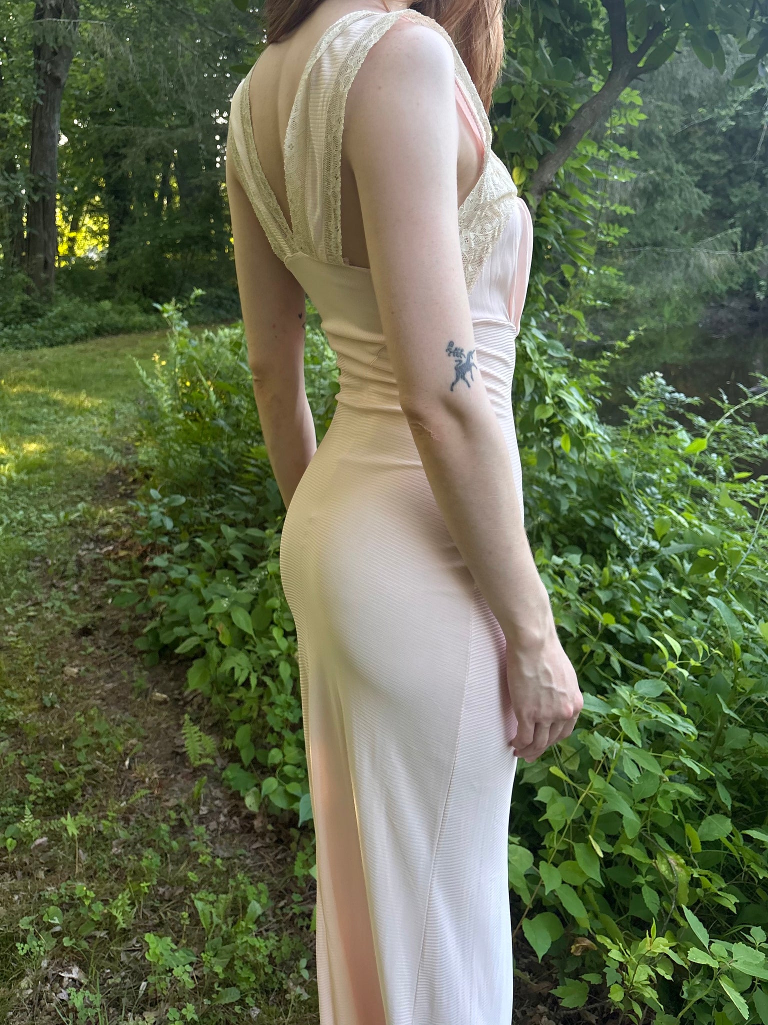 1940s Light Pink Rayon Jersey Bias Cut Slip Dress Cream Lace