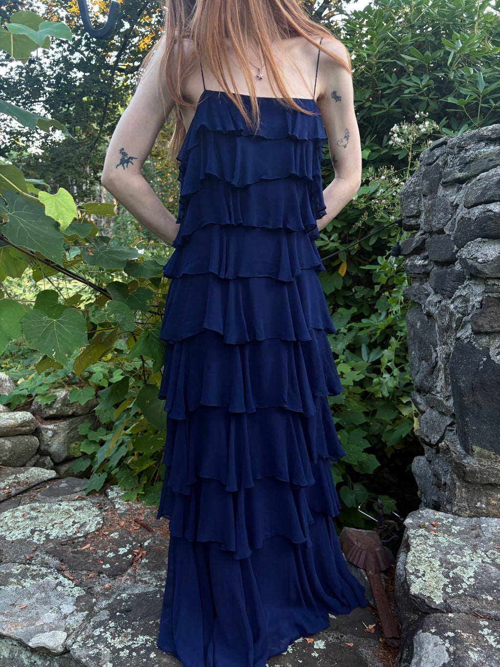 1980s Navy Blue Silk Chiffon Ruffle Cascade Dress Long Gown