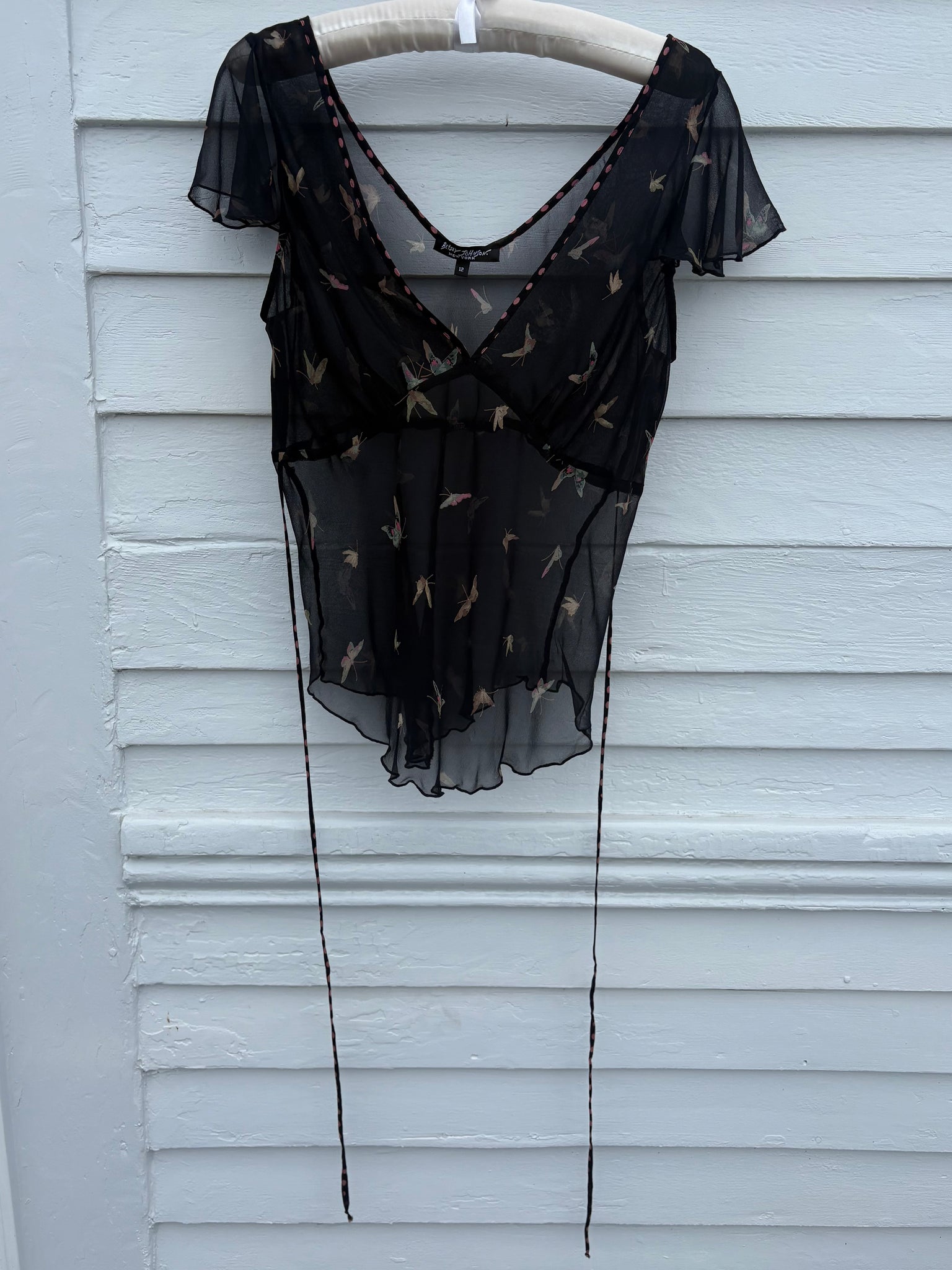 1990s Betsey Johnson Black Silk Chiffon Butterfly Print Blouse
