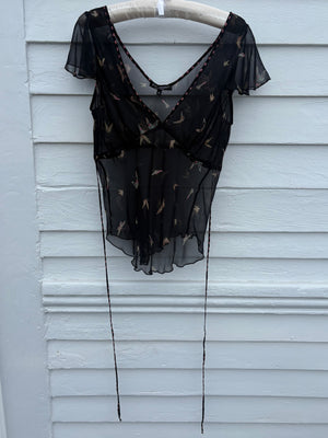 1990s Betsey Johnson Black Silk Chiffon Butterfly Print Blouse