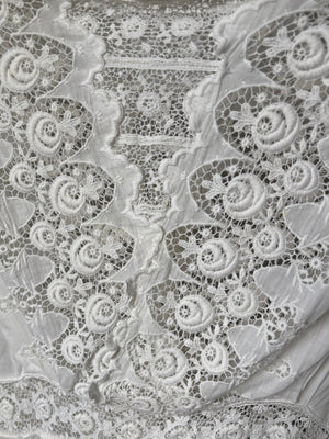 1900s Edwardian Rose Floral Embroidered White Cotton Dress Gown Wedding