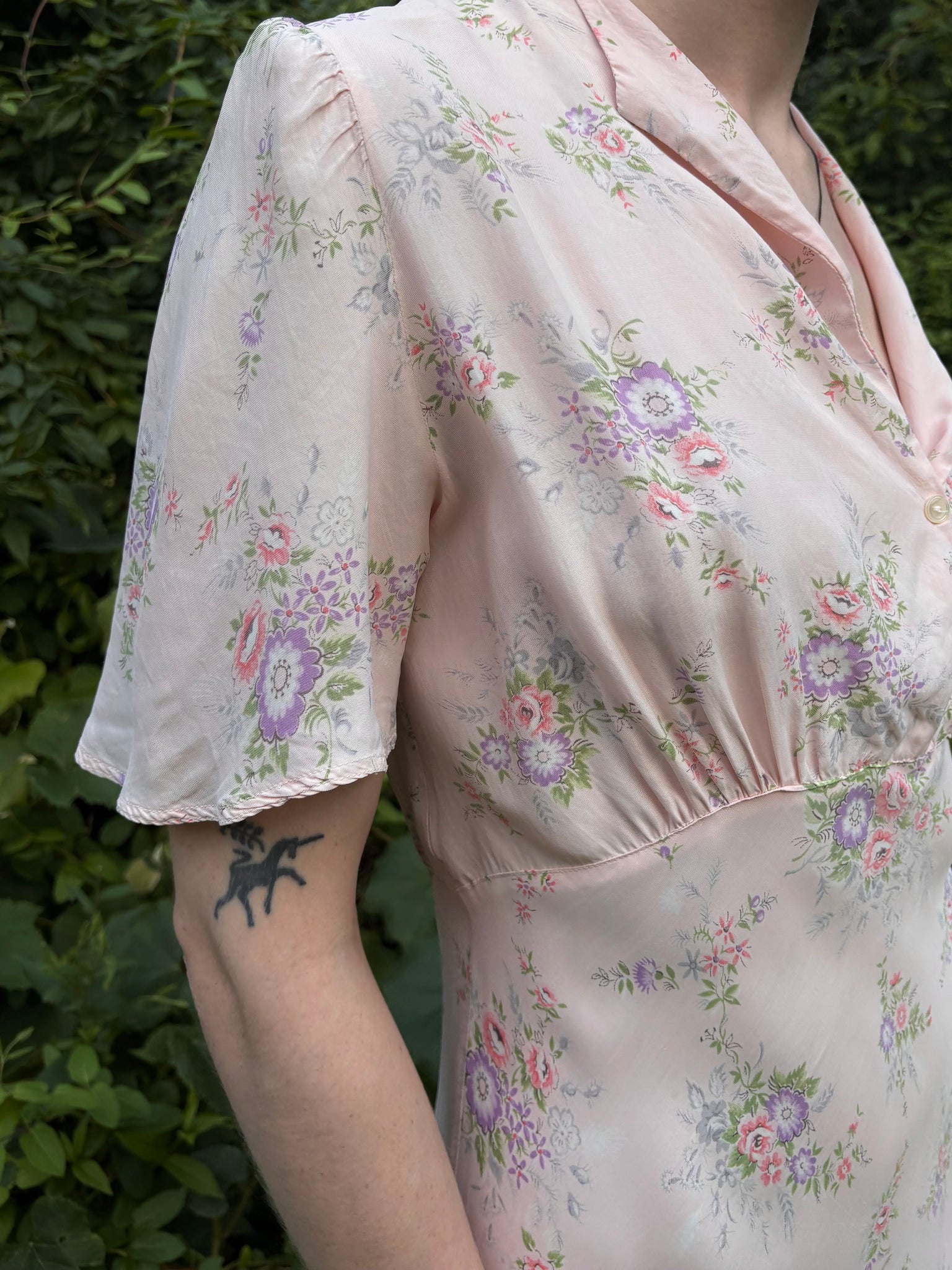 1940s Pink Rose Print Floral Bias Cut Slip Rayon Dress Short Sleeve Button