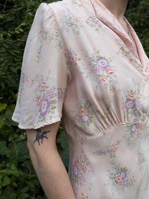 1940s Pink Rose Print Floral Bias Cut Slip Rayon Dress Short Sleeve Button