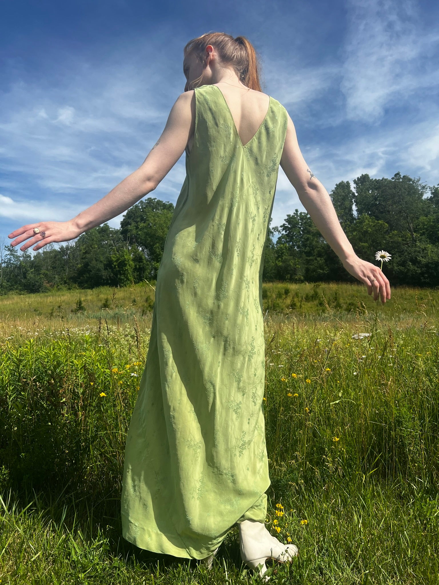 1930s Hand Dyed Green Floral Brocade Silk Slip Dress Embroidery I Magnin