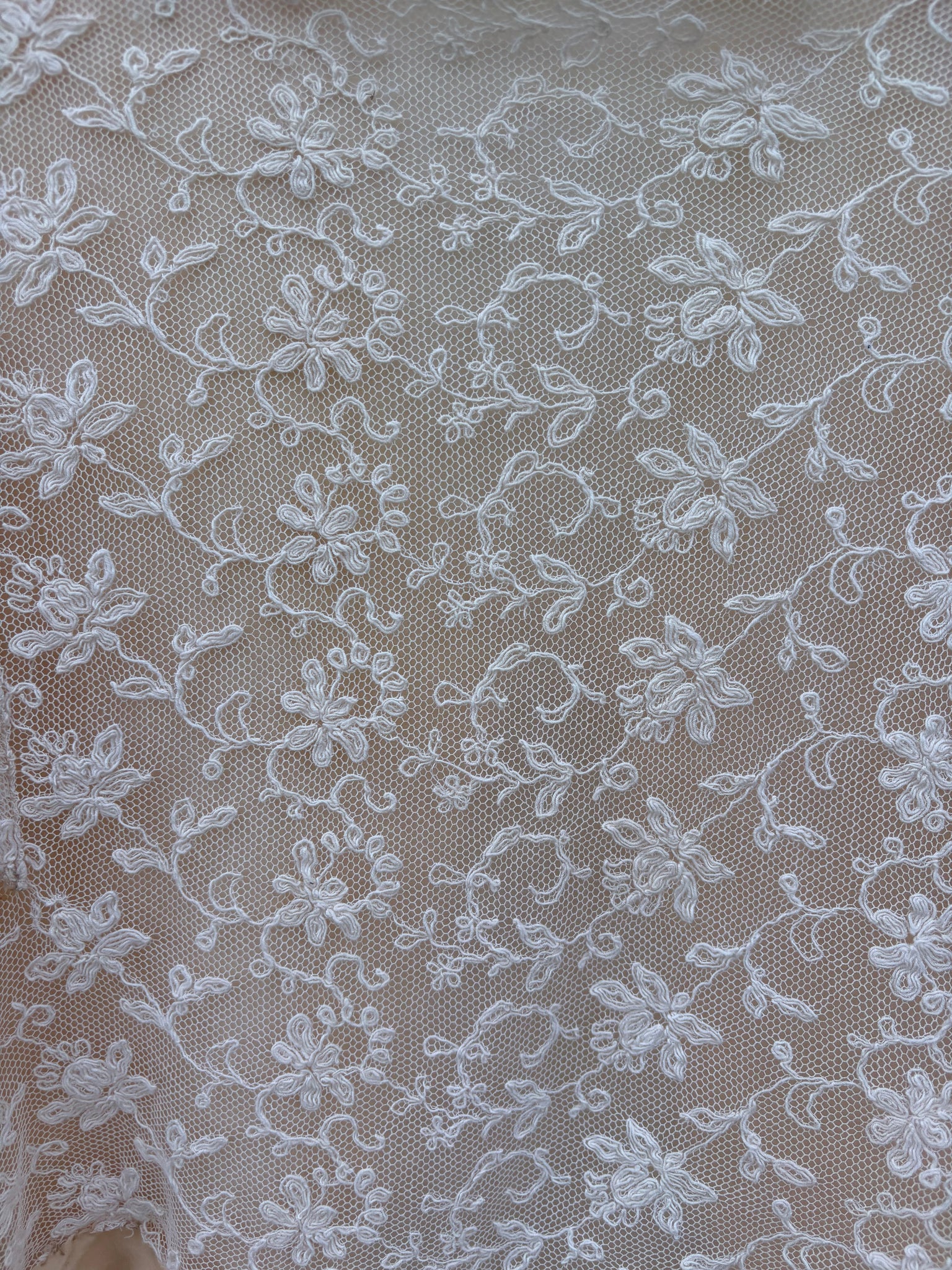 1930s Tambour Lace Bolero Leaf Embroidery Cream Peach Trim Ruffle Sleeve Tie Front Bed Jacket
