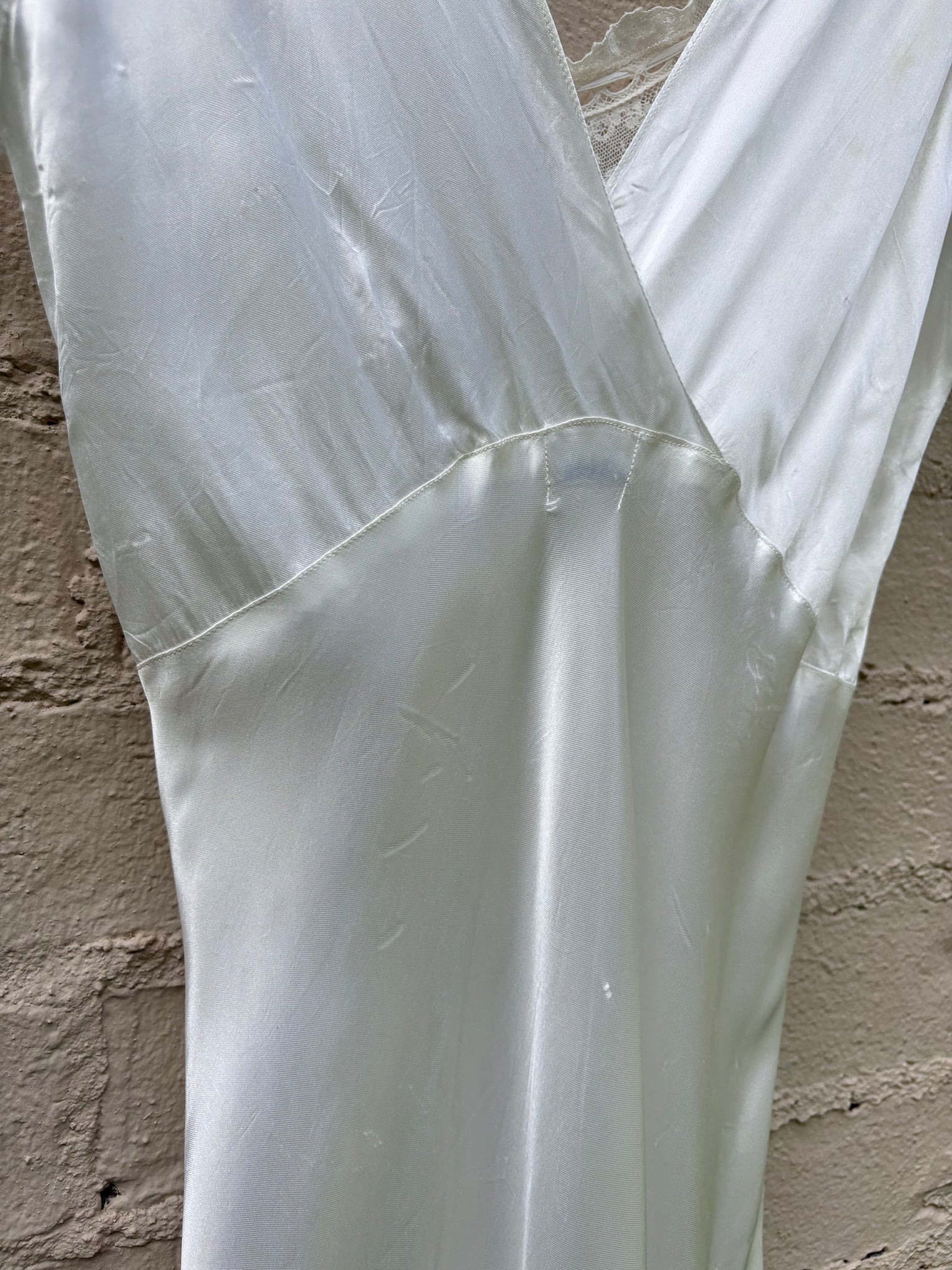 1940s Rayon Satin White Bias Cut Slip Dress Lace Wedding Gown