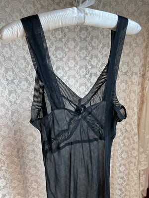 1940s Black Sheer Bias Cut Slip Rayon Dress