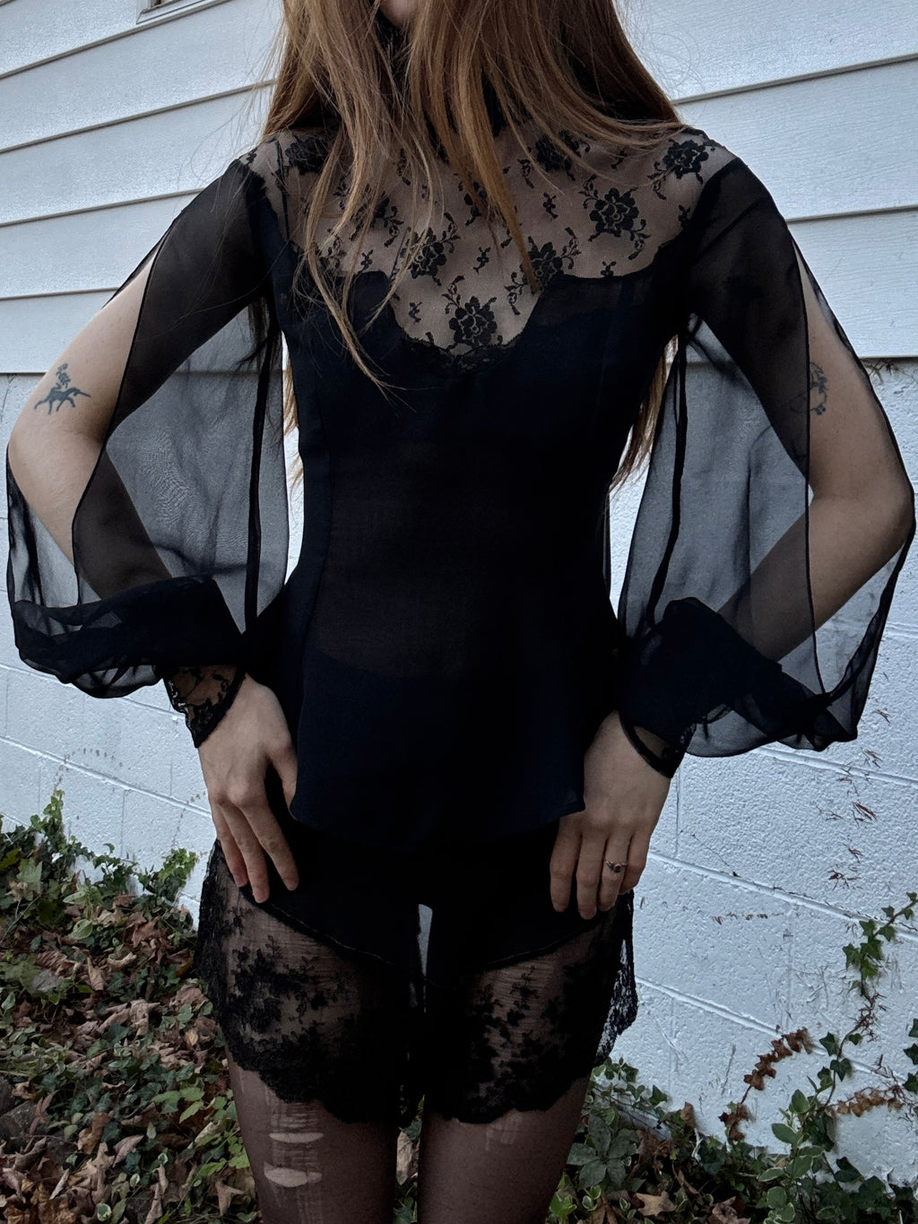 1970s Victorian Style Black Floral Mesh Sheer Lace Long Balloon Sleeve Blouse