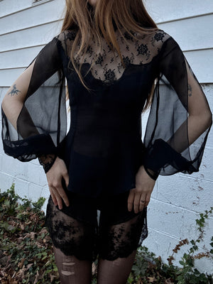 1970s Victorian Style Black Floral Mesh Sheer Lace Long Balloon Sleeve Blouse