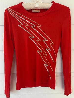 1970s Sequin Lightning Bolts Red Ribbed Tee T Shirt Long Sleeve Charlie’s Girls