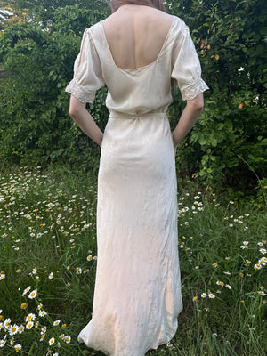 1940s Silk Brocade White Bias Cut Slip Dress Net Mesh Appliqué Lace Wedding Gown Open Sleeves