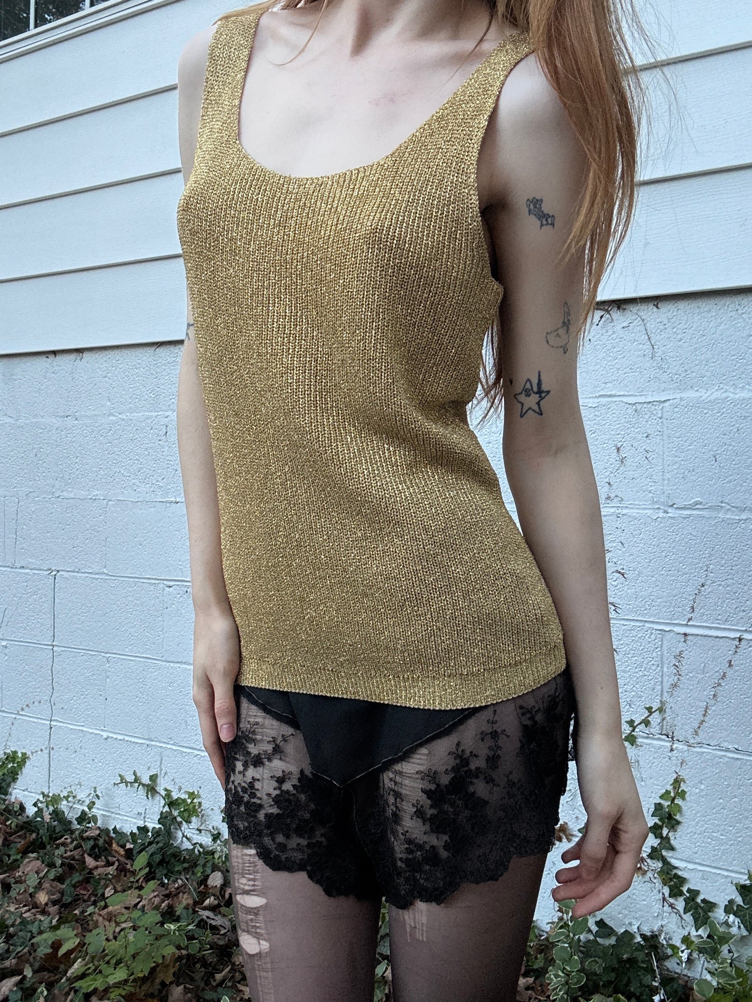 1980s Gold Glitter Sparkle Lurex Knit Sweater Tank Top