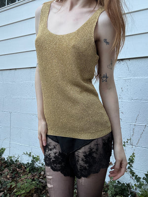 1980s Gold Glitter Sparkle Lurex Knit Sweater Tank Top