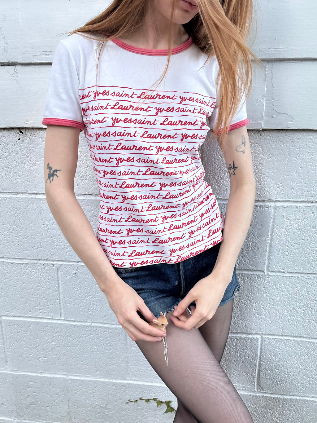 1980s Yves Saint Laurent Script Red White Ringer Tee T Shirt Short Sleeve
