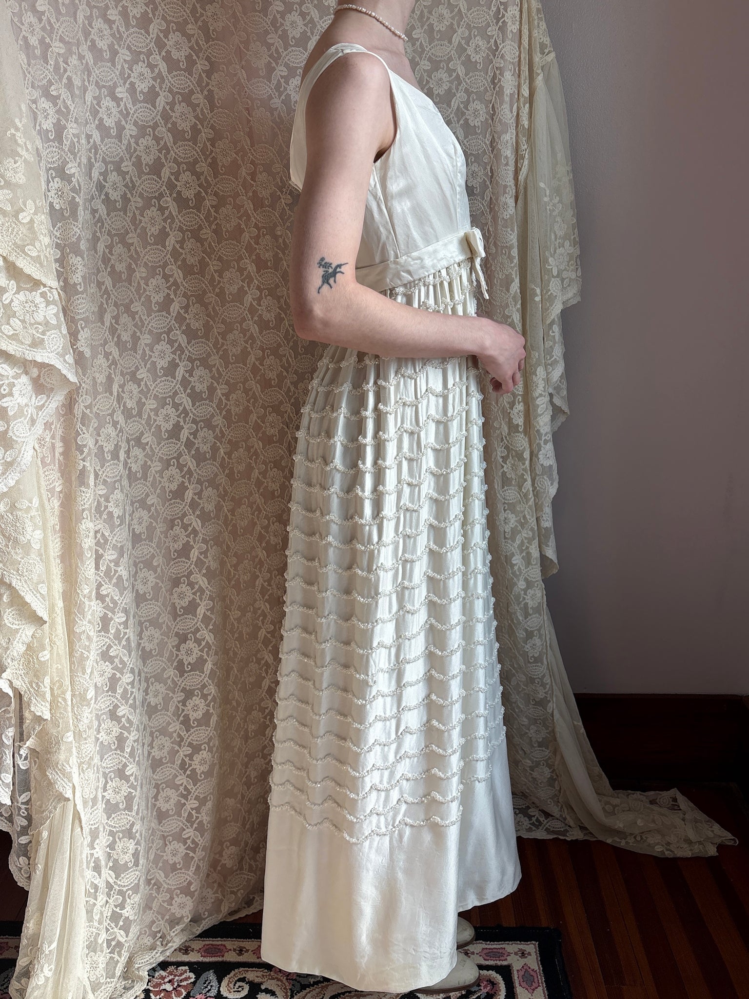 60s empire waist dresses Whimsical 60s/70s Empire Waist Gown With Train, Princess Sleeves, Vibrant Floral Print, Small