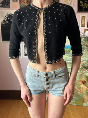 1950s Black Beaded Gold Cardigan Knit Sweater