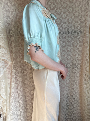 1930s Aqua Blue Silk Bed Jacket Embroidered Puff Sleeves