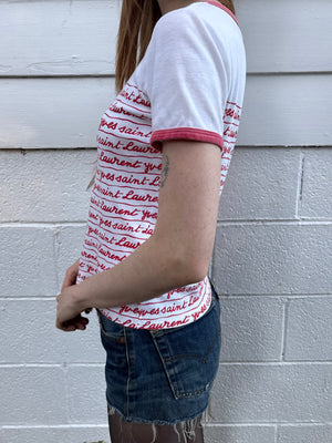1980s Yves Saint Laurent Script Red White Ringer Tee T Shirt Short Sleeve