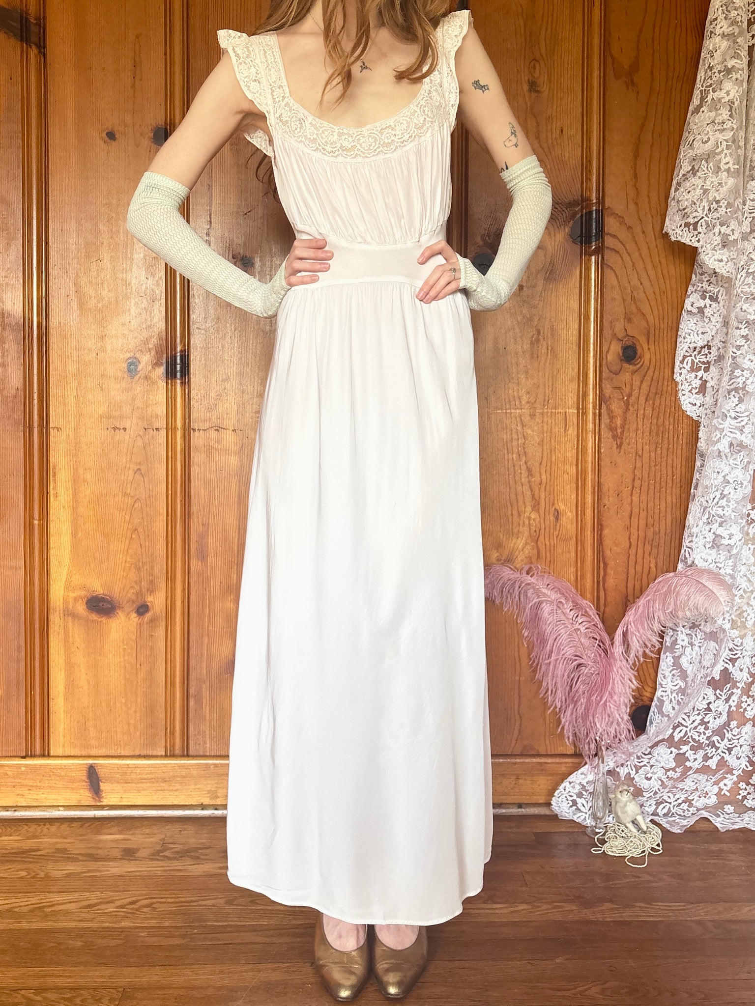 1940s Pale Pink White Lace Bias Cut Slip Dress