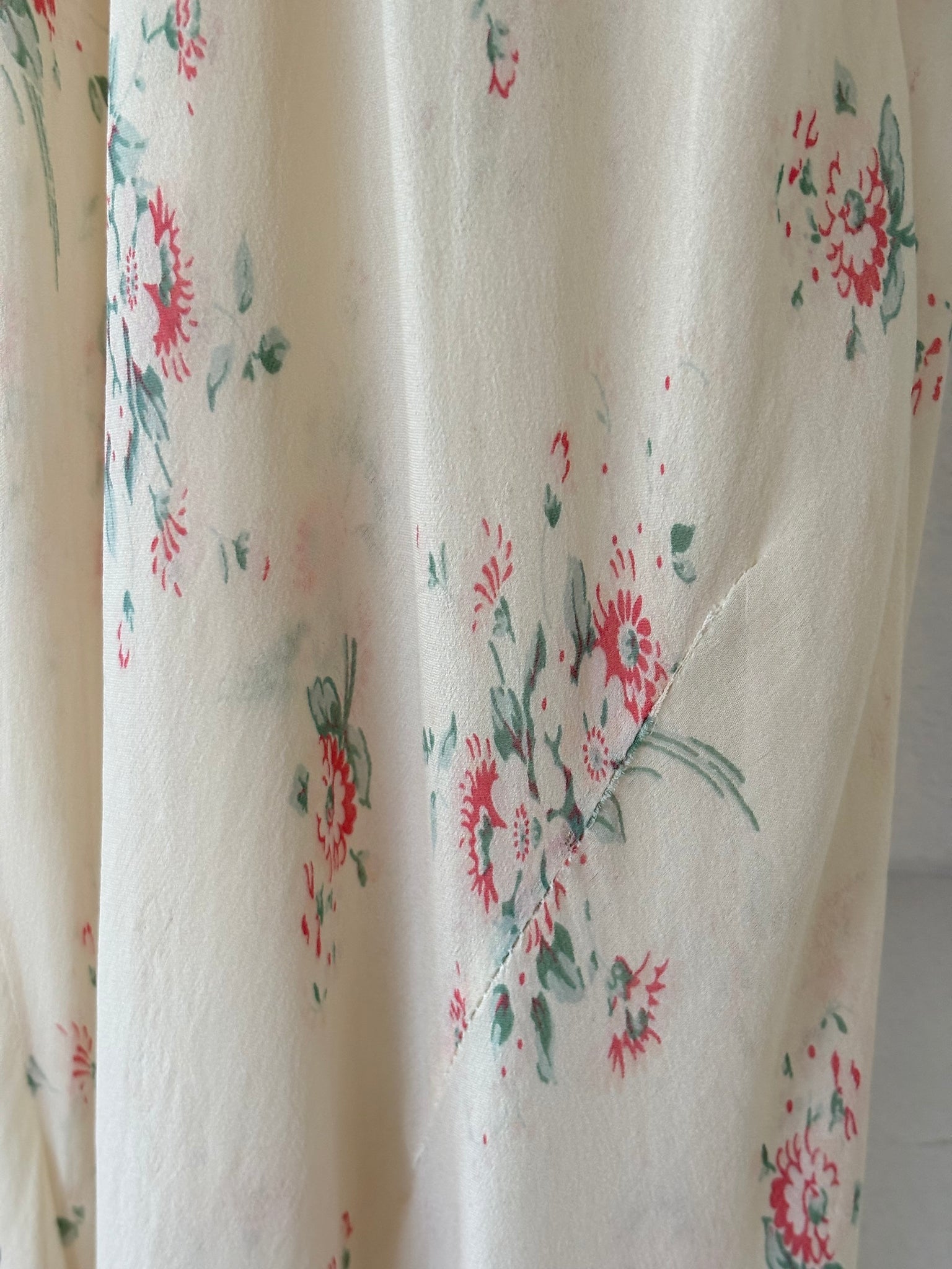 1930s Silk Chiffon Floral Print Cream Lace Bias Cut Slip Dress
