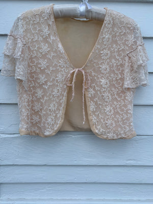 1930s Tambour Lace Bolero Leaf Embroidery Cream Peach Trim Ruffle Sleeve Tie Front Bed Jacket