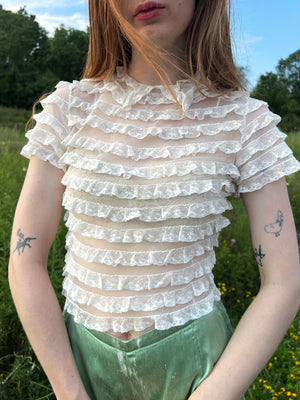 1930s White Mesh Ruffle Tiered Blouse Collared Short Sleeve