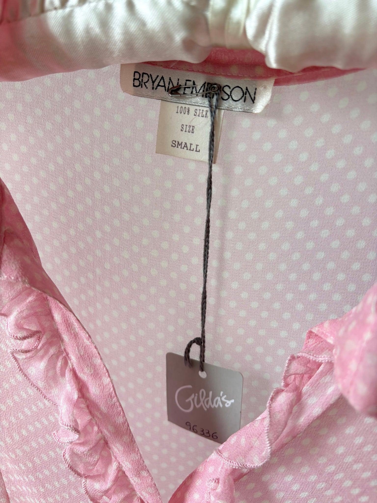 1990s Silk Chiffon Dot Print Button Up Blouse Pink White
