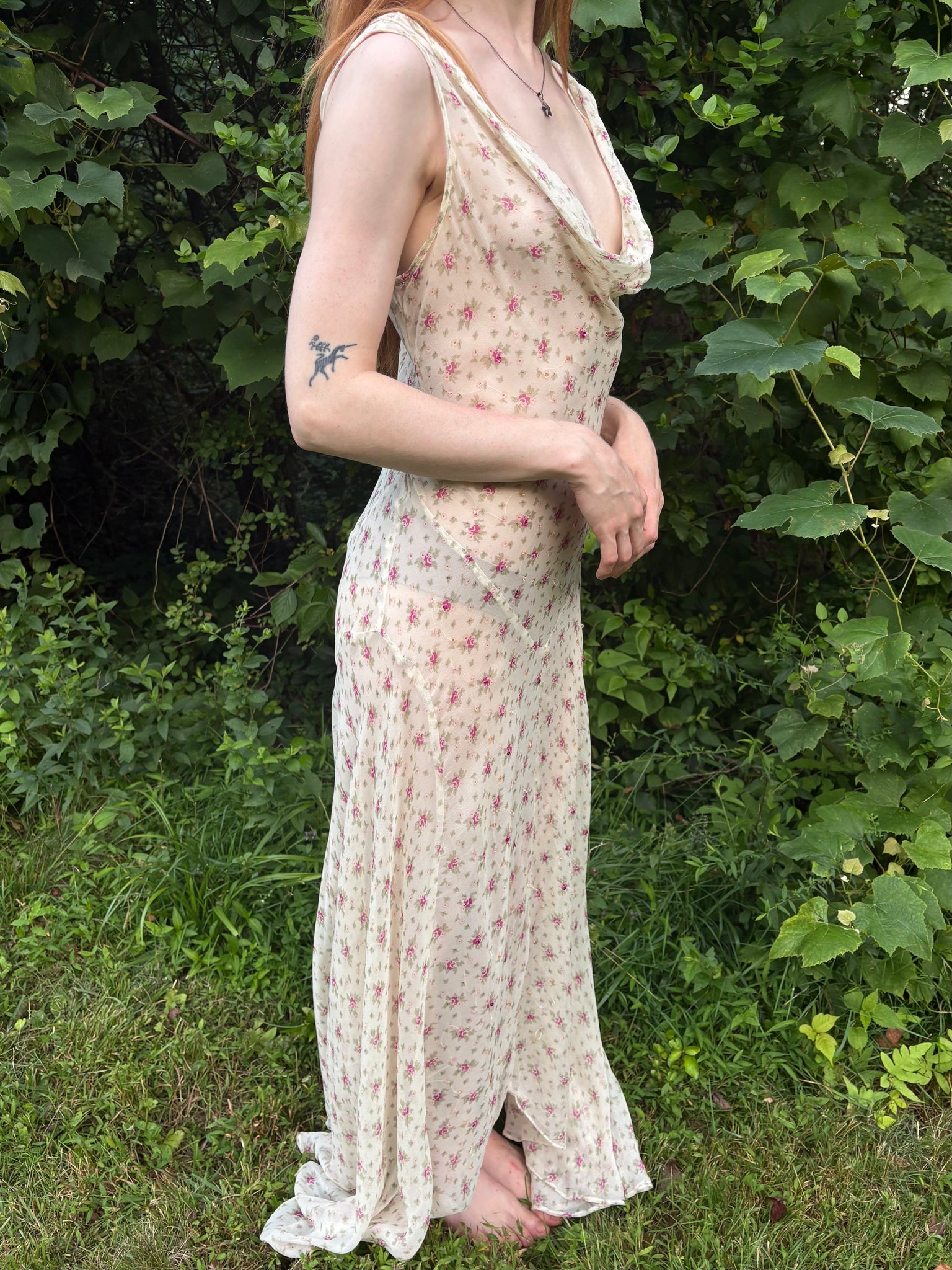 1990s Silk Chiffon Floral Cream Cowl Neck Bias Cut Slip Dress