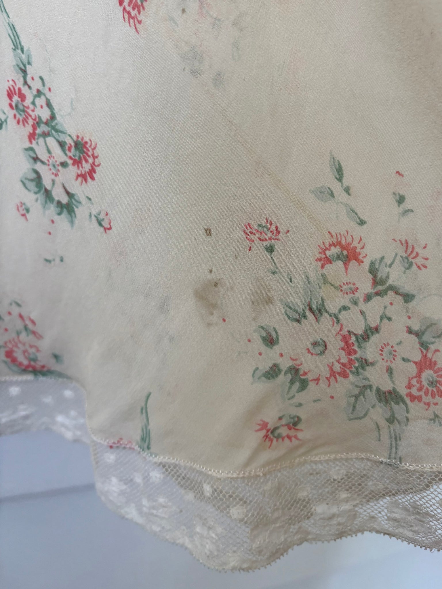 1930s Silk Chiffon Floral Print Cream Lace Bias Cut Slip Dress