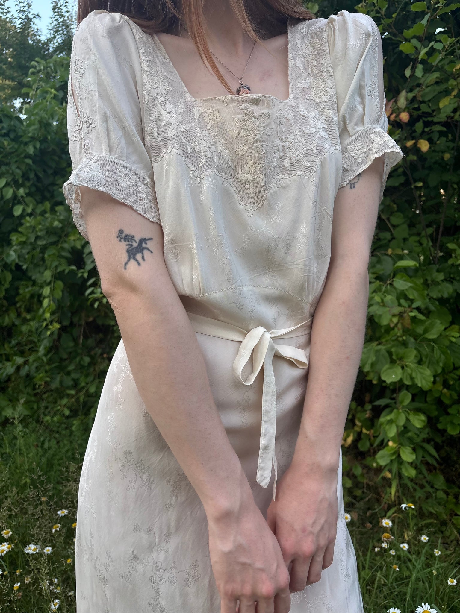 1940s Silk Brocade White Bias Cut Slip Dress Net Mesh Appliqué Lace Wedding Gown Open Sleeves
