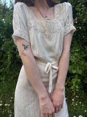 1940s Silk Brocade White Bias Cut Slip Dress Net Mesh Appliqué Lace Wedding Gown Open Sleeves