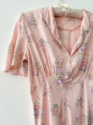 1940s Pink Rose Print Floral Bias Cut Slip Rayon Dress Short Sleeve Button