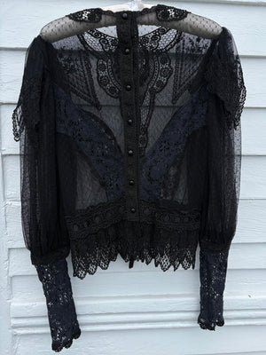1970s Victorian Style Black Floral Mesh Net Lace Long Balloon Sleeve Blouse