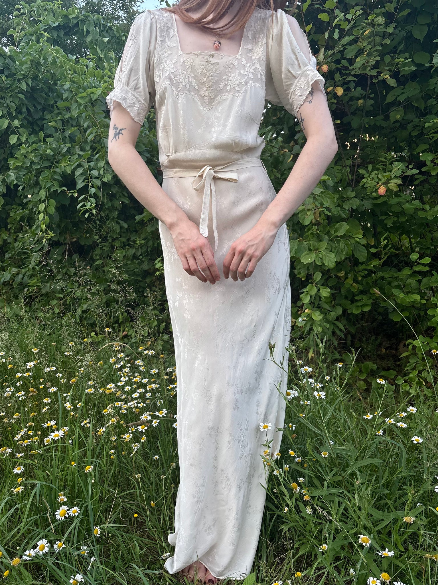 1940s Silk Brocade White Bias Cut Slip Dress Net Mesh Appliqué Lace Wedding Gown Open Sleeves
