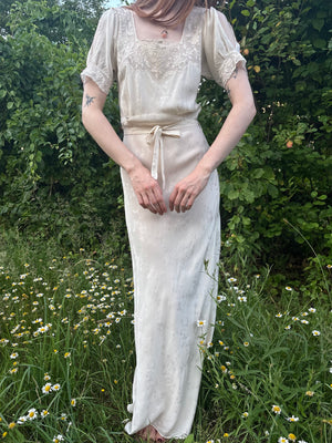 1940s Silk Brocade White Bias Cut Slip Dress Net Mesh Appliqué Lace Wedding Gown Open Sleeves