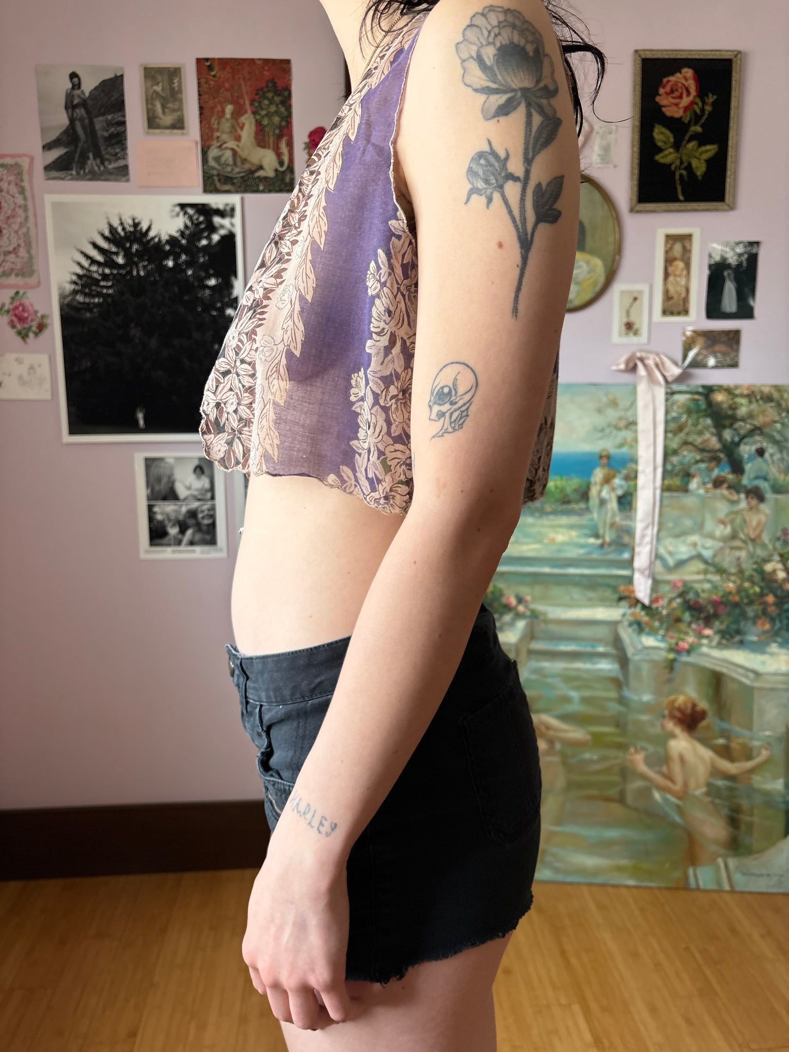 1970s Printed Purple Brown Floral Vest Scallop Hem