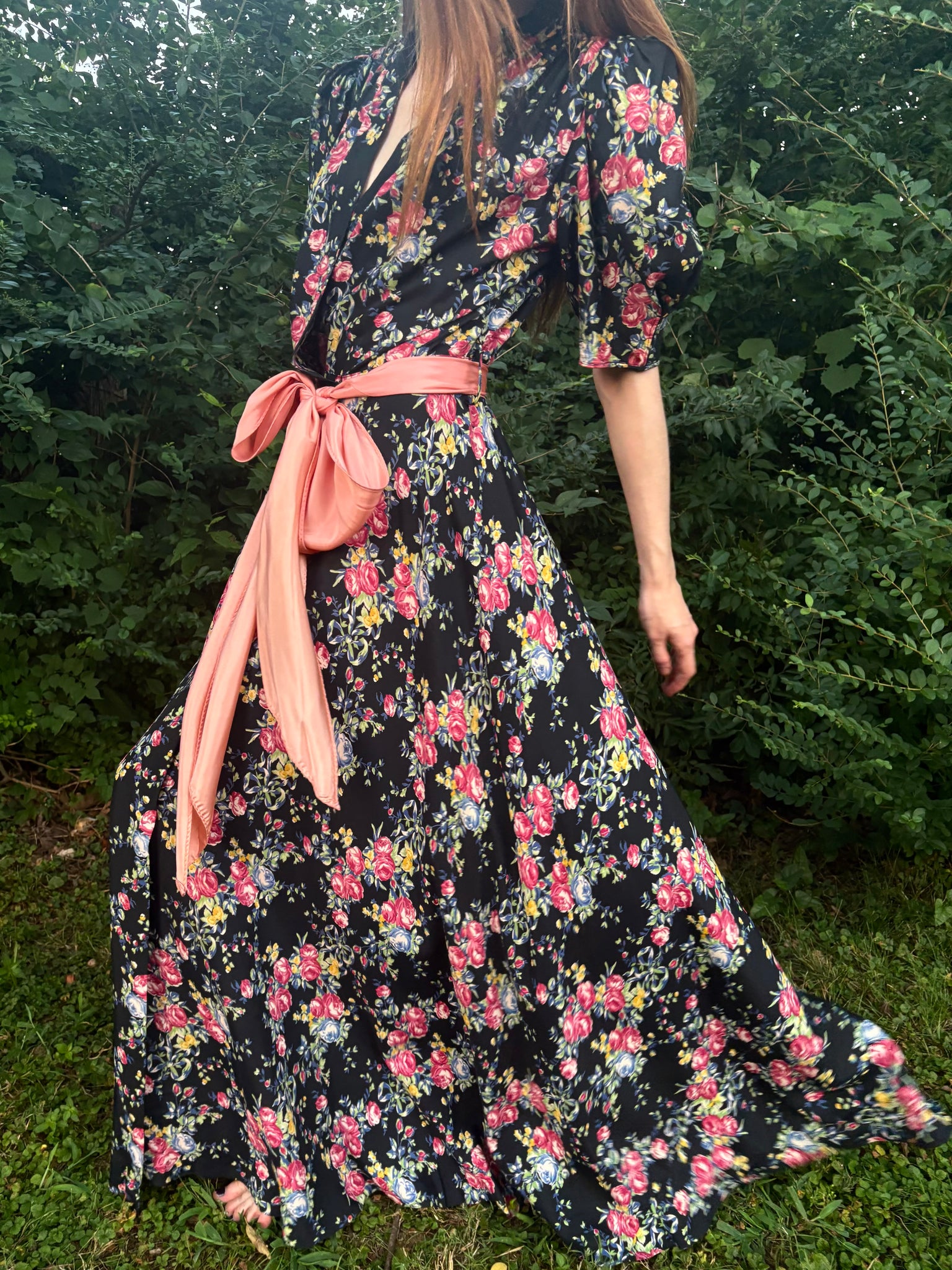 1940s Black Rose Floral Wrap Dress Printed Rayon Puff Sleeve