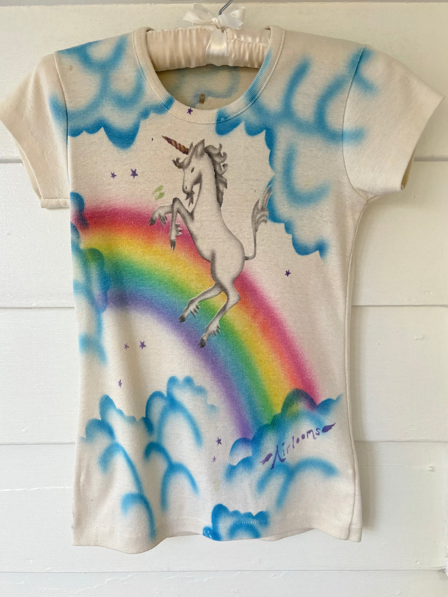 1980s Unicorn Pink Tee T Shirt Short Sleeve French Cut Airbrush
