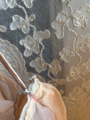 1940s Peach Brocade Silk Cream Net Floral Appliqué Bias Cut Slip Midi Dress