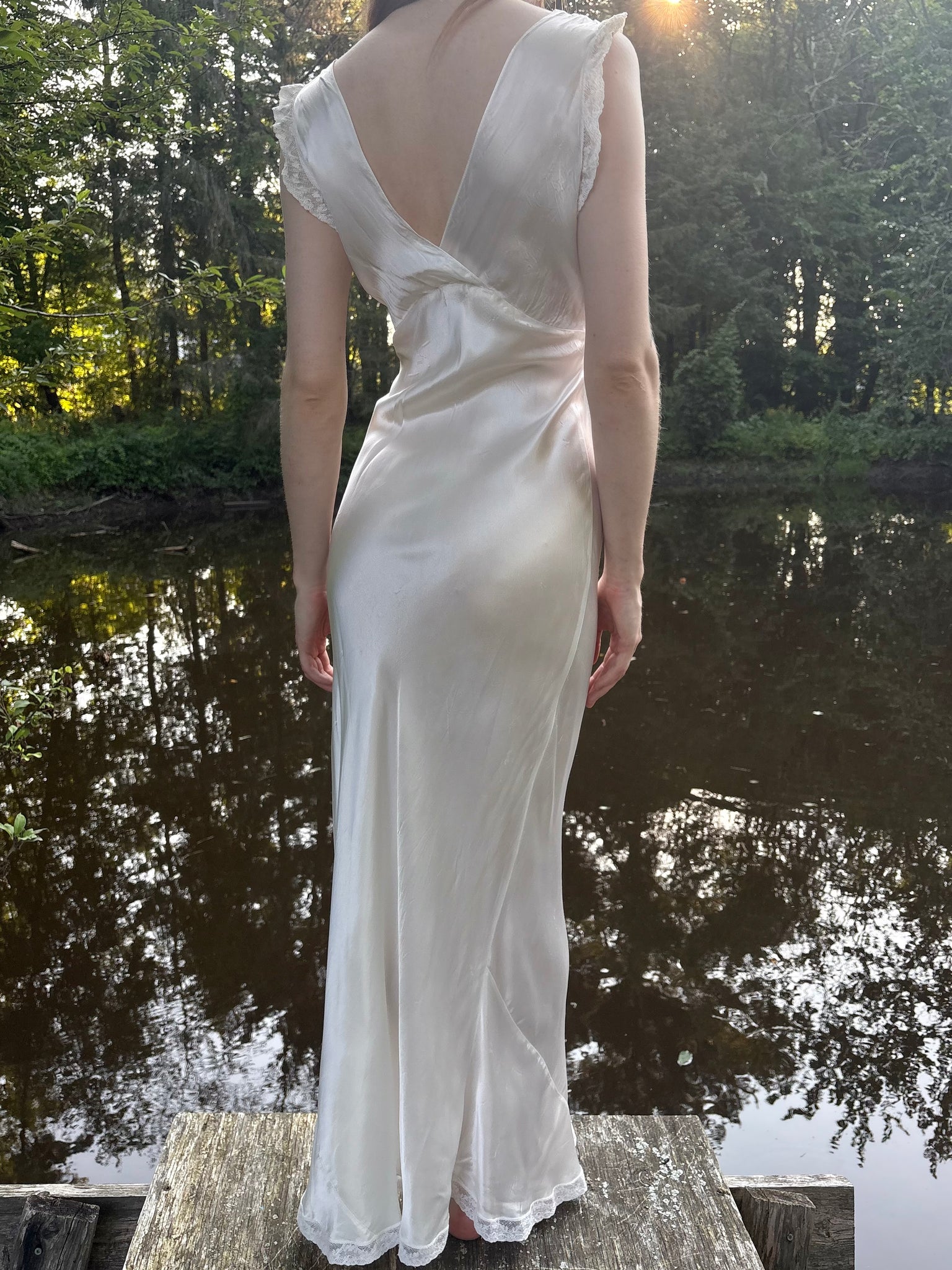1940s Rayon Satin White Bias Cut Slip Dress Lace Wedding Gown