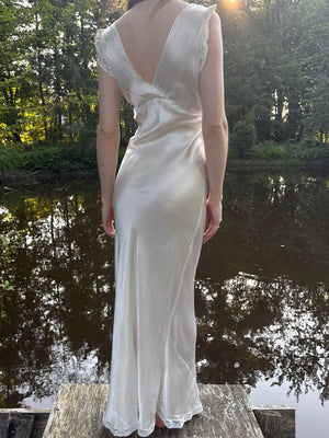 1940s Rayon Satin White Bias Cut Slip Dress Lace Wedding Gown