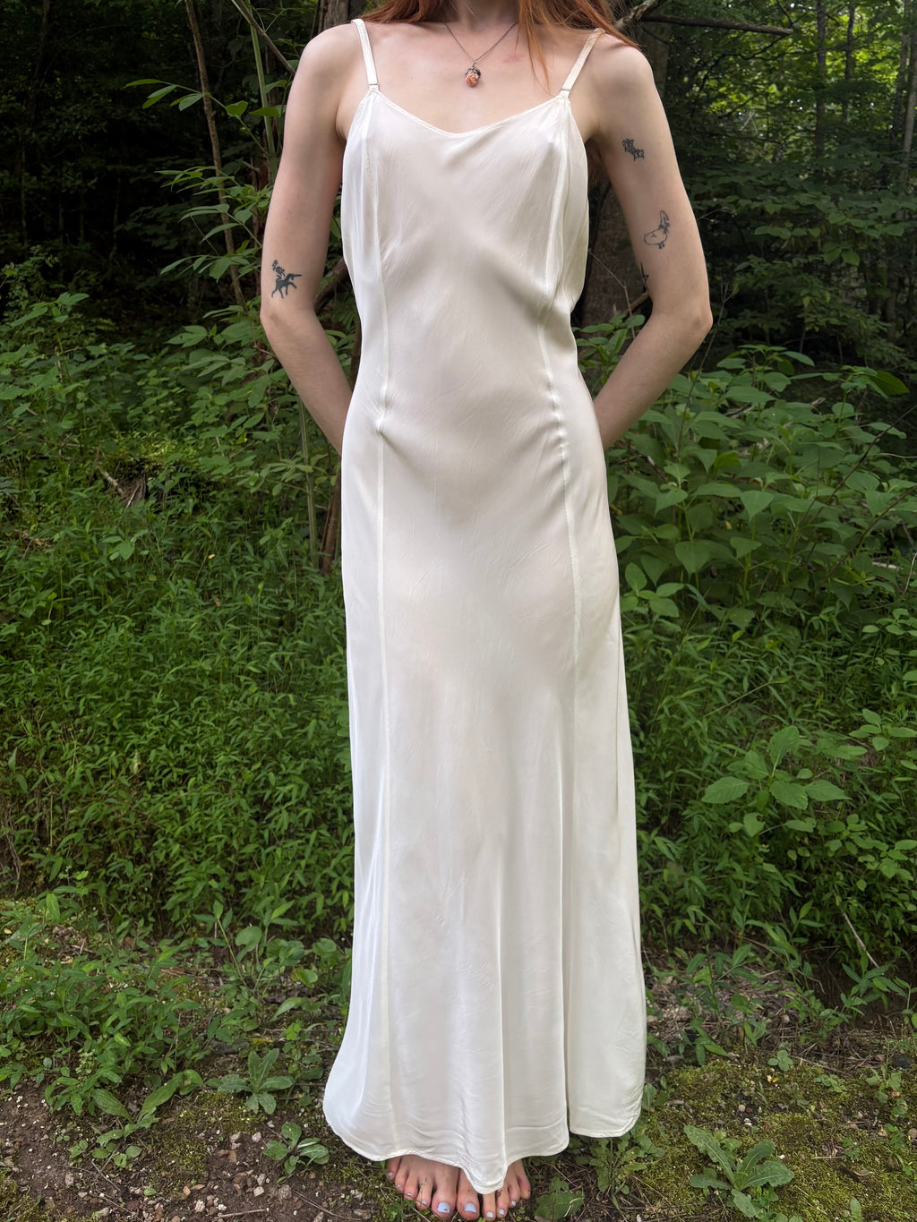 1940s White Rayon Bias Cut Slip Dress Low Back