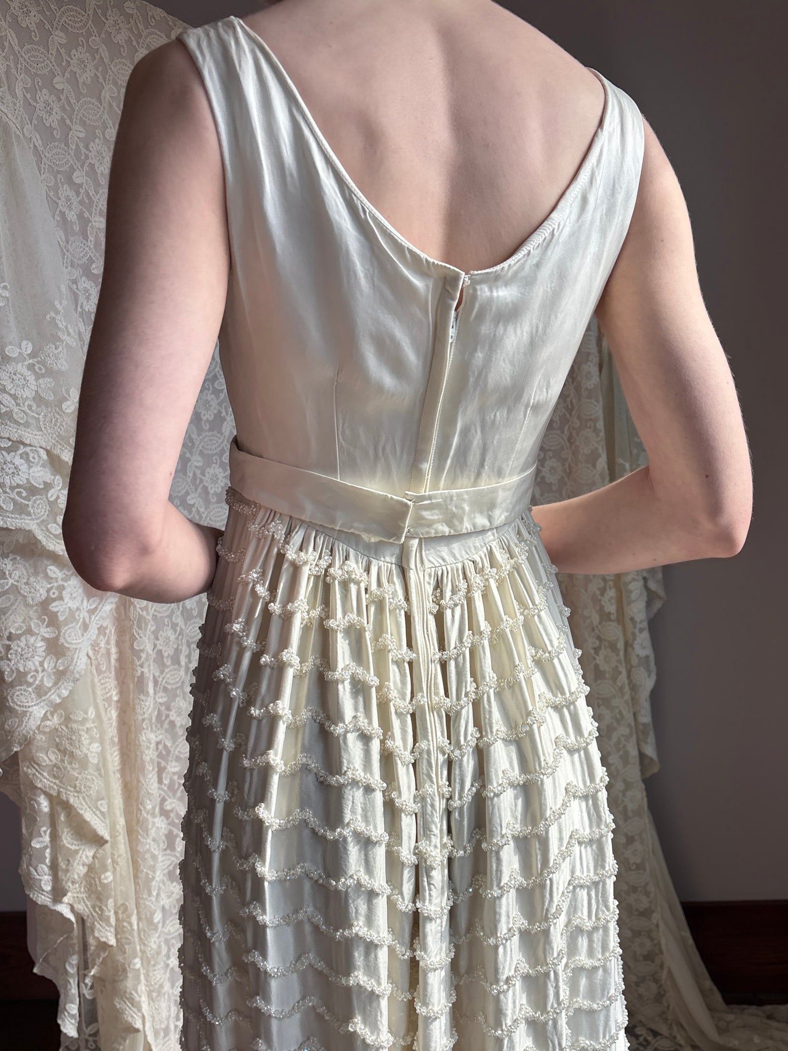 1960s White Satin Beaded Empire Waist Dress Wedding Gown