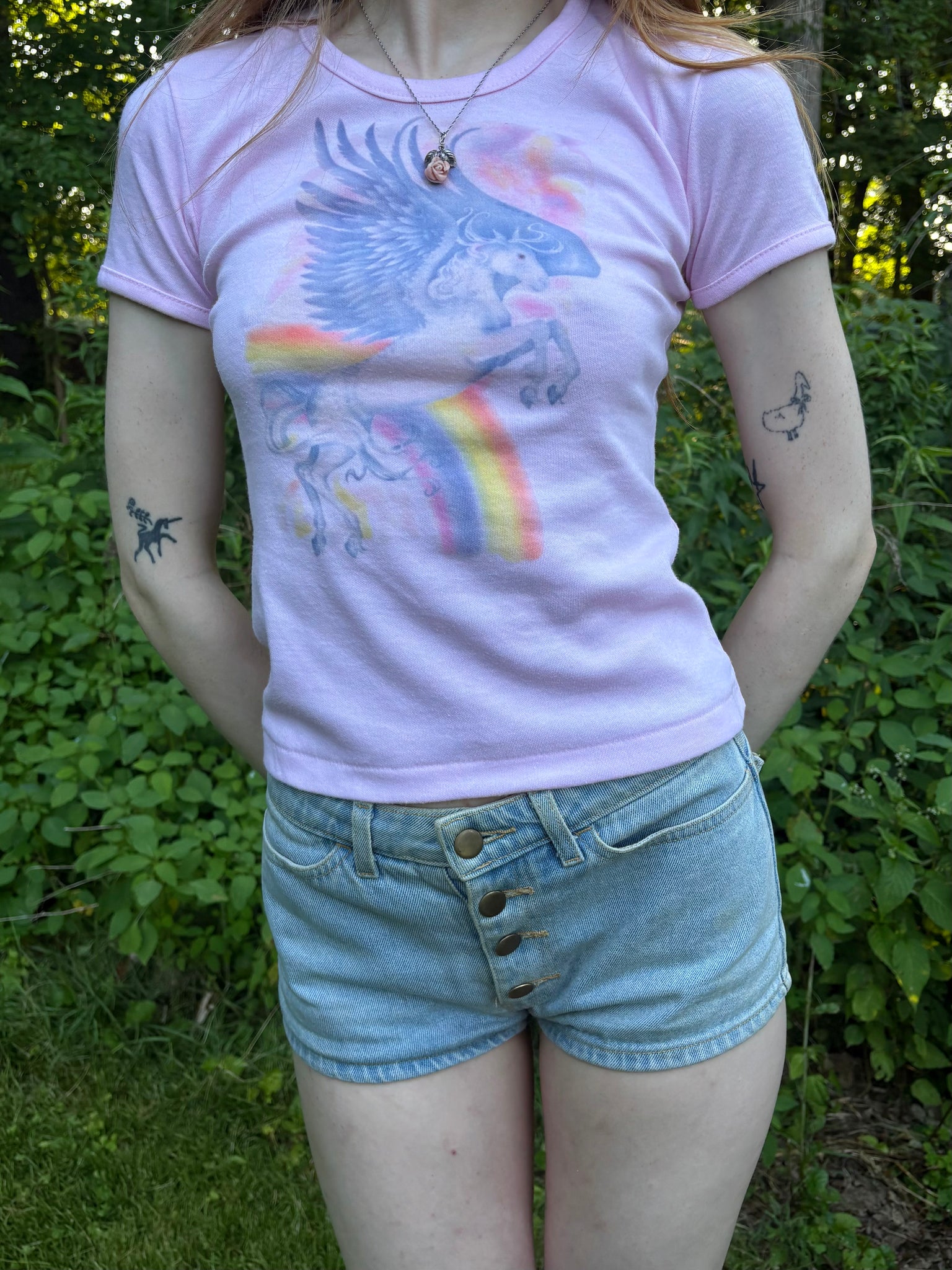 1980s Unicorn Pink Tee T Shirt Short Sleeve French Cut Airbrush