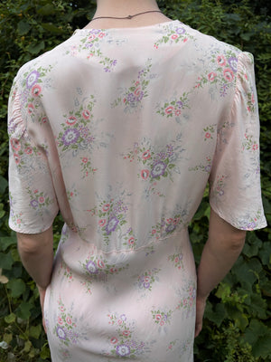 1940s Pink Rose Print Floral Bias Cut Slip Rayon Dress Short Sleeve Button