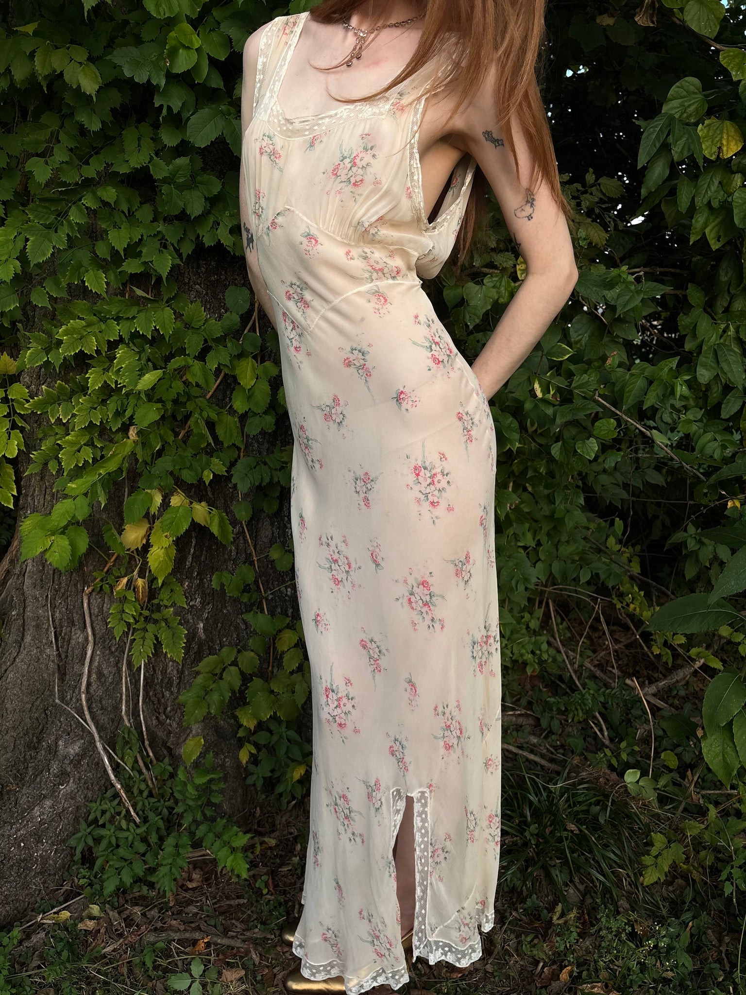 1930s Silk Chiffon Floral Print Cream Lace Bias Cut Slip Dress