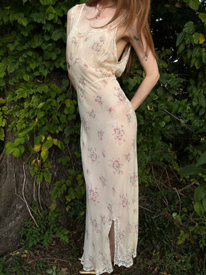 1930s Silk Chiffon Floral Print Cream Lace Bias Cut Slip Dress