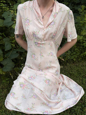 1940s Pink Rose Print Floral Bias Cut Slip Rayon Dress Short Sleeve Button